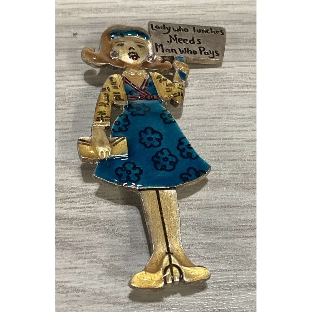 Silvertone Pin Textured Painted Girl w/ Sign Vintage Lady Lunch Man Pays